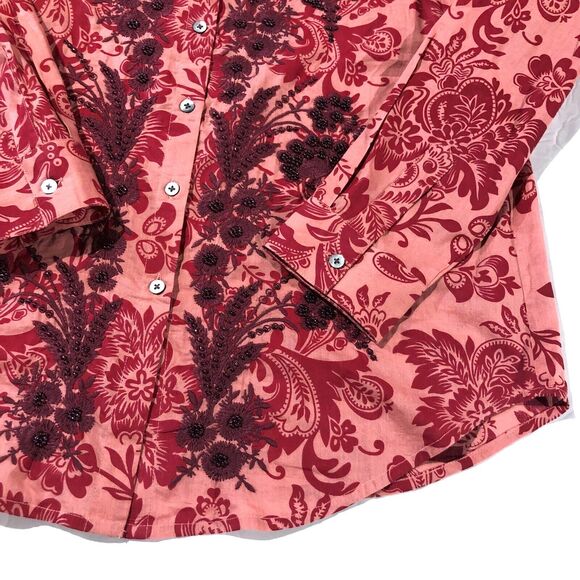 Sundance Embroidered Beaded Floral Button Up Shirt Top Pink Red Long Slveeve S - Picture 3 of 5